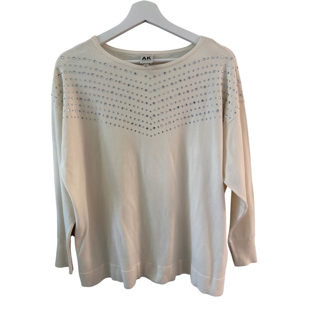 Anne‎ Klein Cream Rhinestone Embellished Pullover Sweater Petite Large PL Ivory